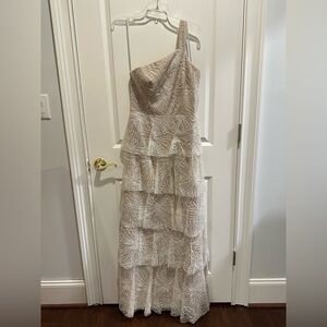 Marchesa One-Shoulder Cream Tiered Dress